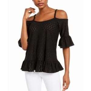 NEW Michael Kors Eyelet Cold Shoulder Ruffle Top Size Medium Black